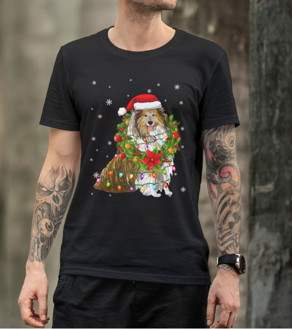 Santa Collie Dog Wrapped In Christmas Lights And Festive Garland T-Shirt