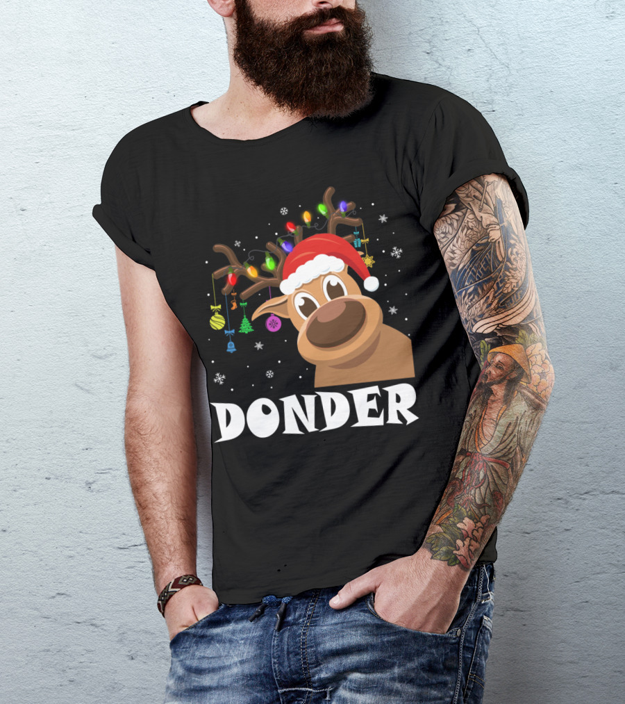 Santa Reindeer Donder Xmas Lights And Ornaments T-Shirt