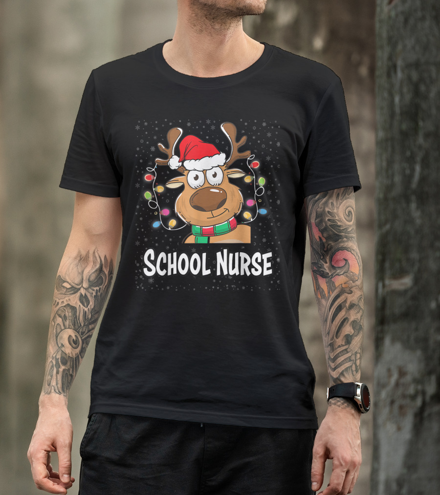 Santa Reindeer School Nurse Festive Christmas Lights T-Shirt
