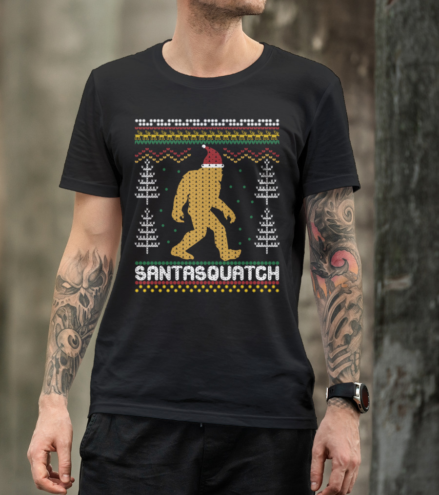 Santasquatch Bigfoot Christmas Sweater Pattern With Santa Hat And Trees T-Shirt
