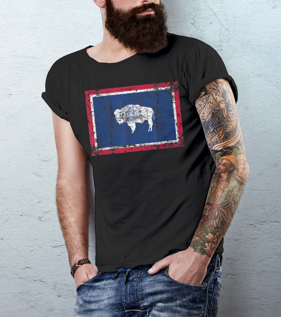 State Of Wyoming Flag Vintage Fall Buffalo T-Shirt