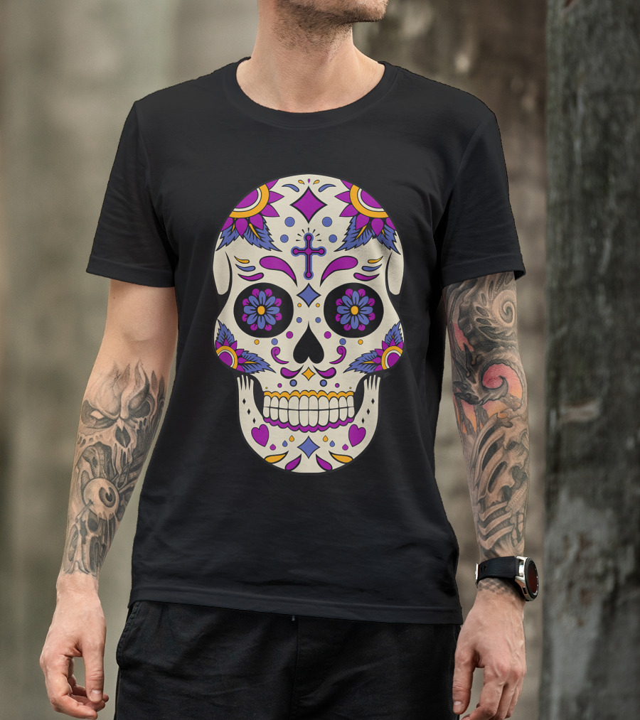 Sugar Skull Day Of The Dead Halloween Dia De Los Muertos Colorful Cross Floral T-Shirt