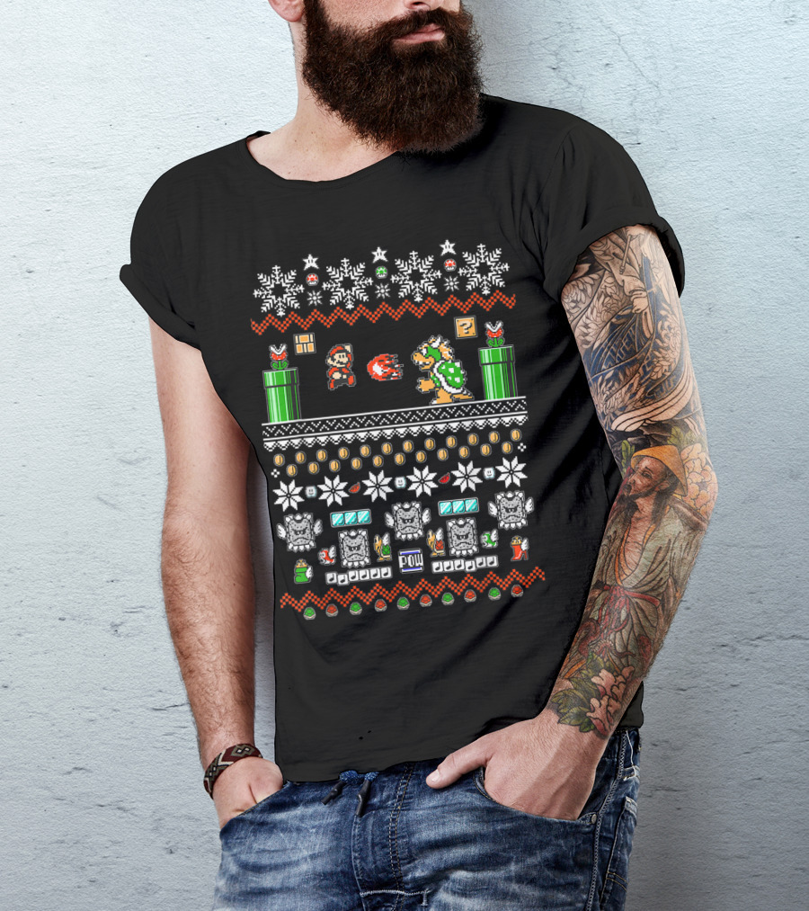 Super Mario And Bowser Pixel Art Holiday Theme With Coin And Mushroom Elements T-Shirt