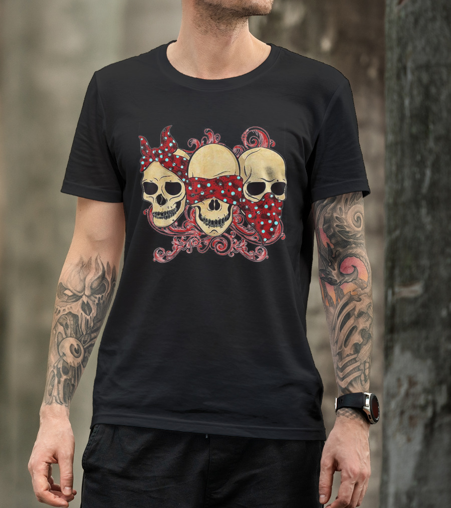 Tattoo Skull See No Evil Hear No Evil Speak No Evil Skulls With Polka Dot Bandanas T-Shirt