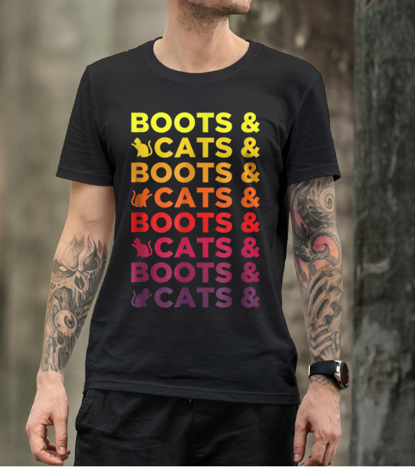 Boots And Cats EDM Rave Festival Funny Repeating Text And Cat T-Shirt