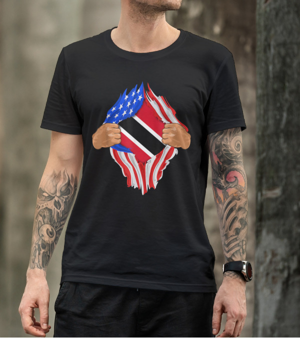 American And Trinidad And Tobago Flag Ripped Open T-Shirt