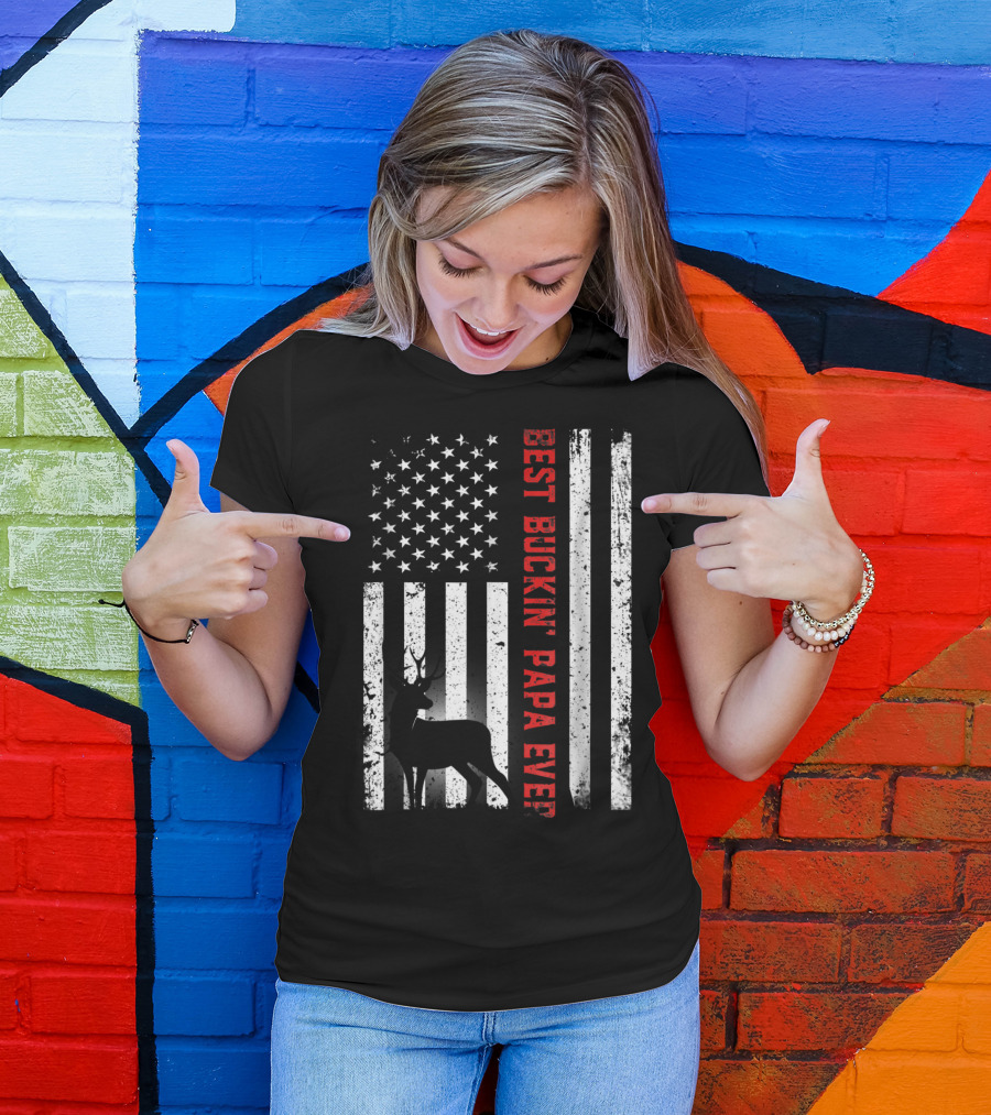 Best Buckin' Papa Ever USA Flag Deer Hunting T-Shirt