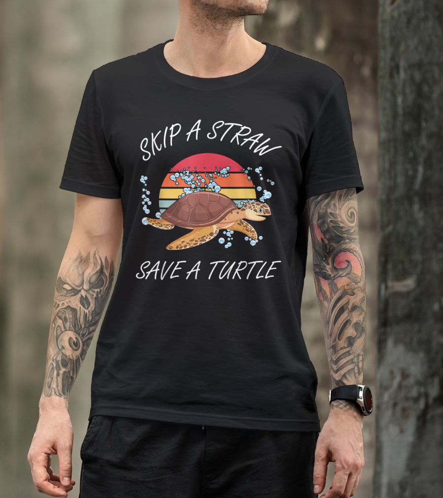 Skip A Straw Save A Turtle Vintage Sunset Turtle Ocean Conservation T-Shirt