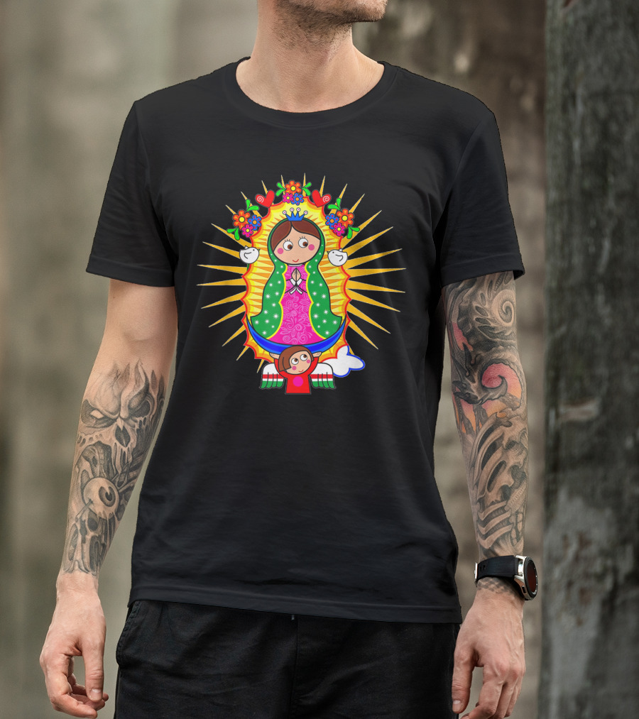 Virgen De Guadalupe Cartoon Mexican Folk Art Angel Children Flowers Sacred Image T-Shirt