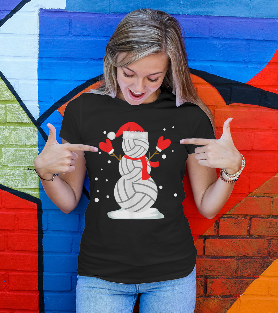 Volleyball Snowman With Santa Hat And Red Mittens T-Shirt