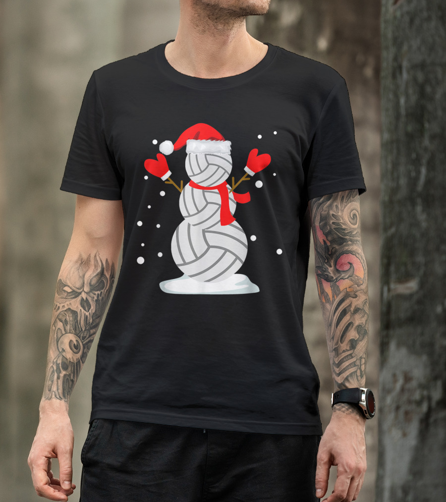 Volleyball Snowman With Santa Hat And Red Mittens T-Shirt