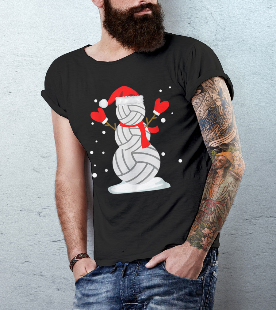 Volleyball Snowman With Santa Hat And Red Mittens T-Shirt