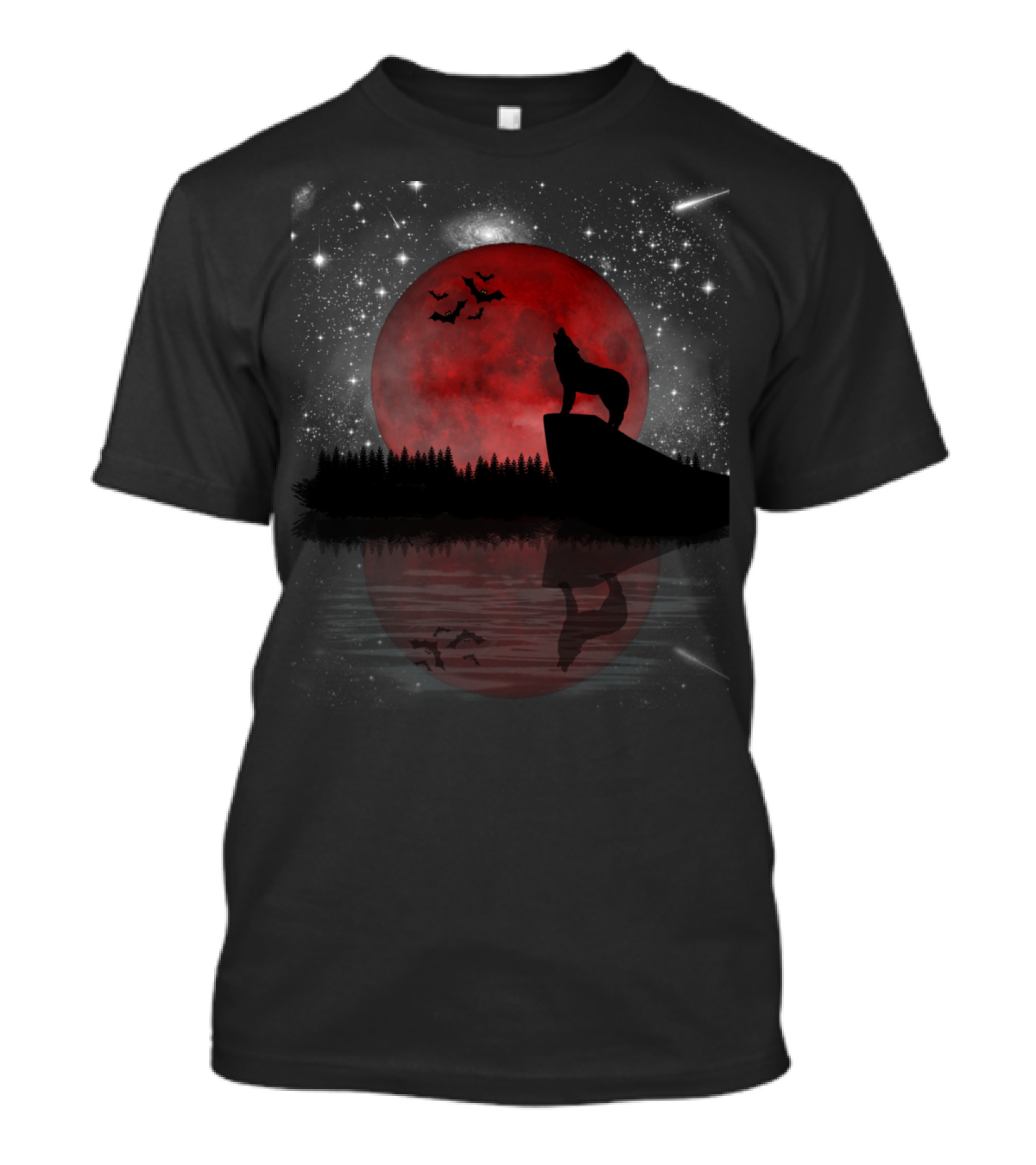 Wolf Howling At Blood Moon With Bats Silhouette And Starry Night Reflection T-Shirt
