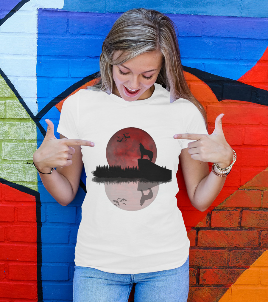 Wolf Howling At Blood Moon With Bats Silhouette And Starry Night Reflection T-Shirt