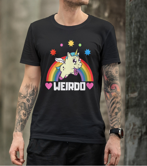 Weird Funny Weirdo Outcast Unicorn Rainbow Hearts Stars T-Shirt