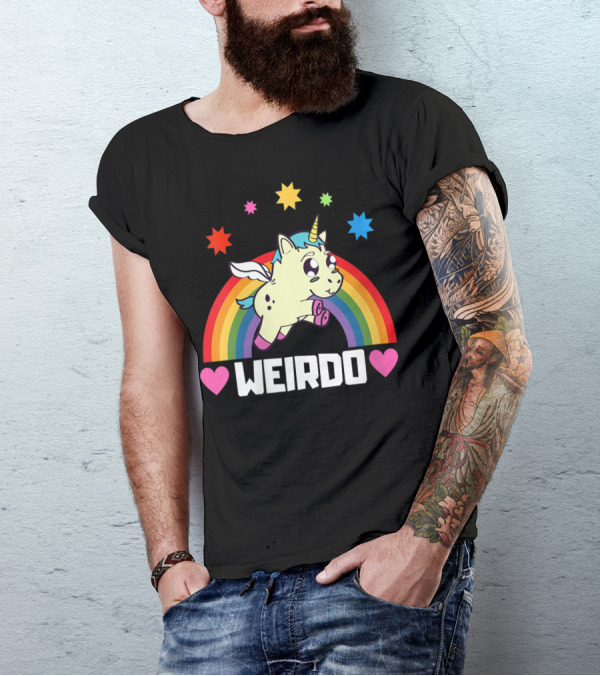 Weird Funny Weirdo Outcast Unicorn Rainbow Hearts Stars T-Shirt