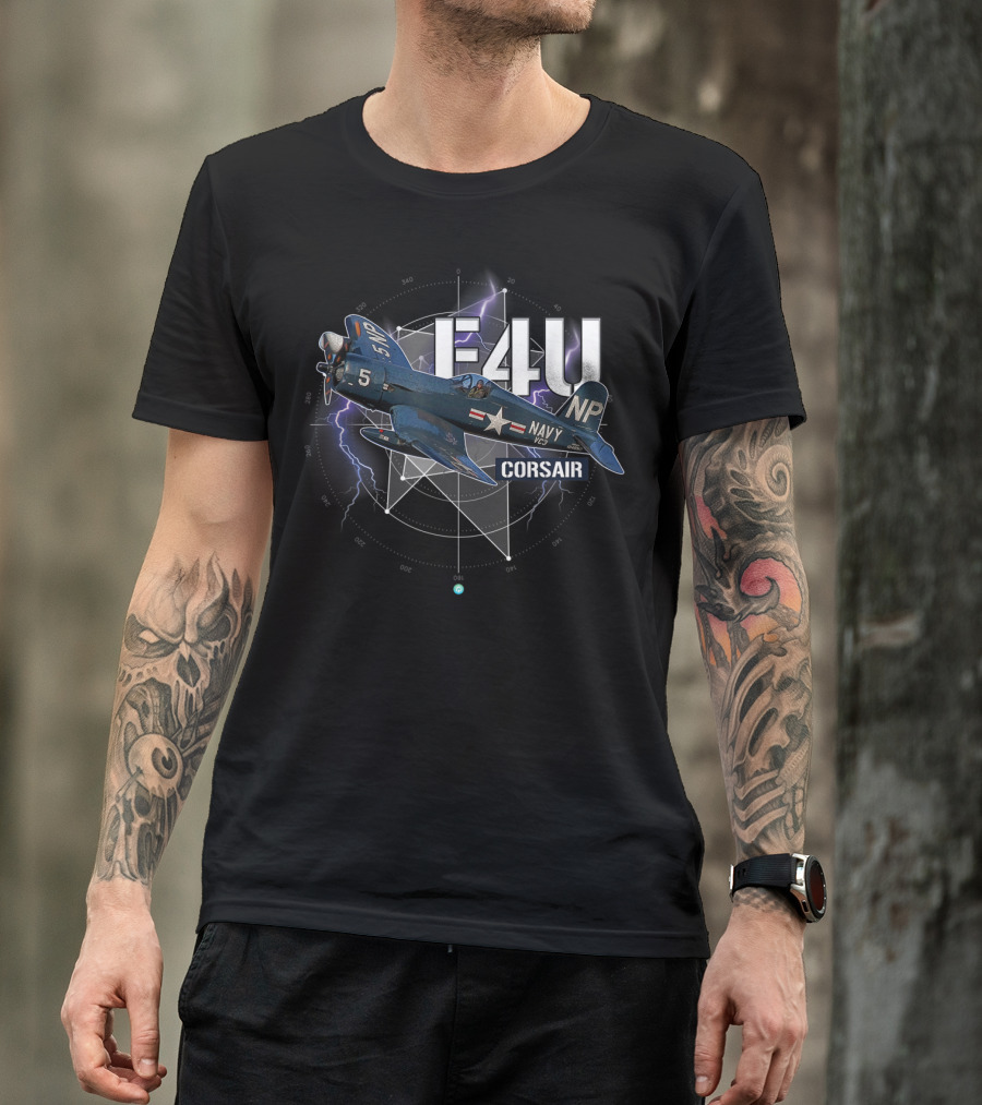 F4U Corsair Navy WWII Plane With Lightning Background T-Shirt