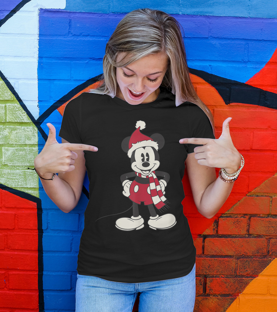 Disney Mickey Mouse Santa Hat And Scarf T-Shirt