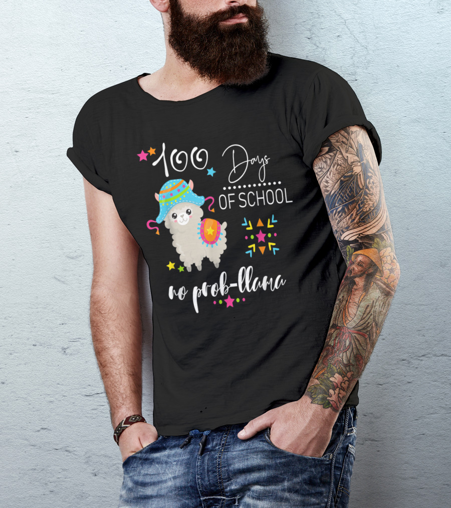 100 Days Of School No Prob-Llama With Colorful Hat And Stars T-Shirt
