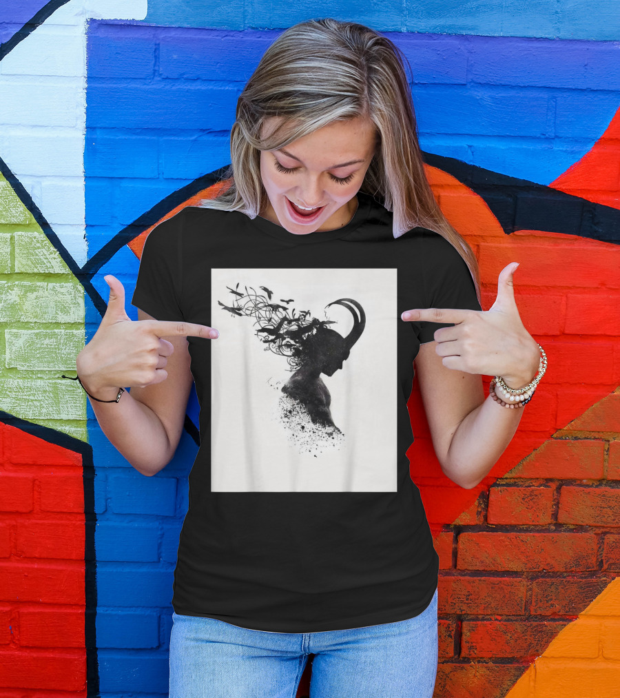 Loki Norse God Of Mischief Silhouette With Birds And Horns T-Shirt
