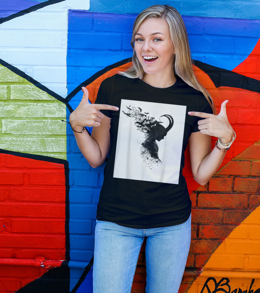 Loki Norse God Of Mischief Silhouette With Birds And Horns T-Shirt
