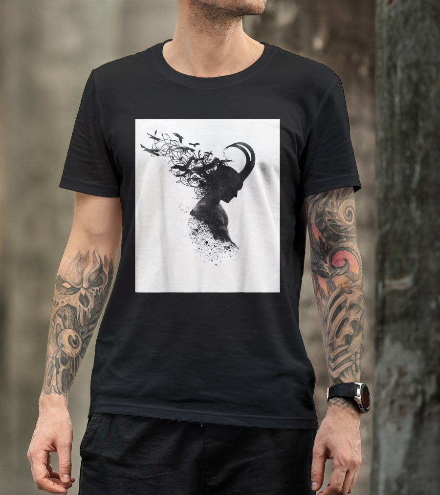 Loki Norse God Of Mischief Silhouette With Birds And Horns T-Shirt