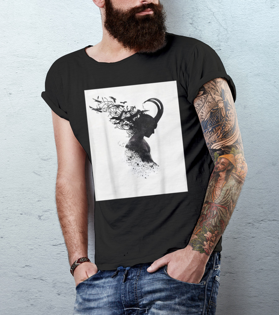 Loki Norse God Of Mischief Silhouette With Birds And Horns T-Shirt