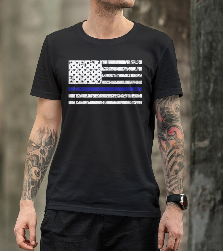 Thin Blue Line American Flag Police Support T-Shirt