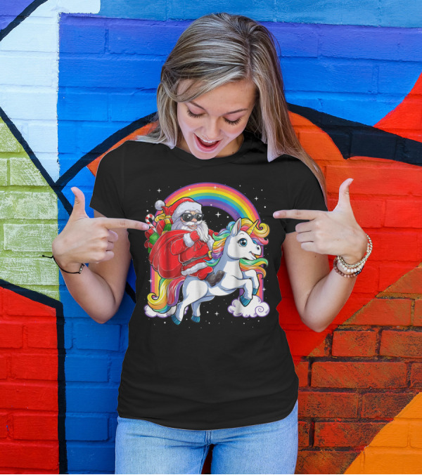 Santa Claus Riding Rainbow Unicorn Christmas Adventure T-Shirt