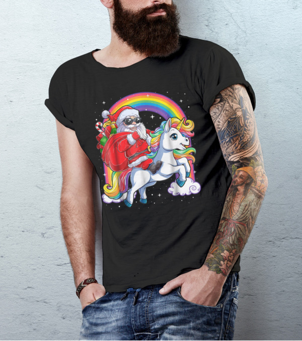 Santa Claus Riding Rainbow Unicorn Christmas Adventure T-Shirt