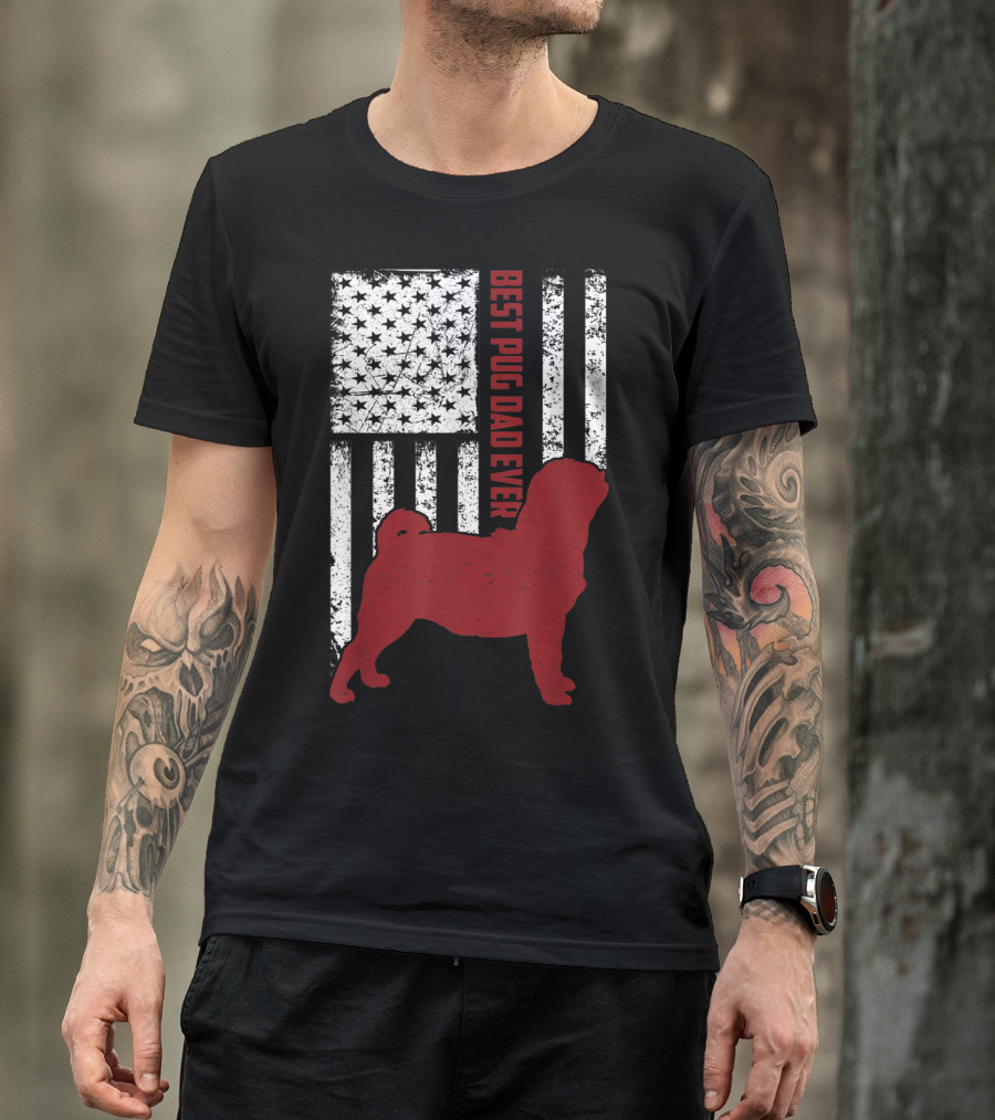 Best Pug Dad Ever Vintage USA Flag American T-Shirt