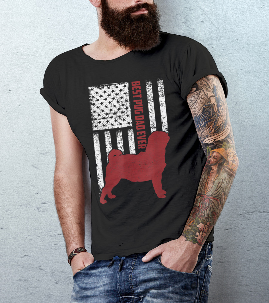 Best Pug Dad Ever Vintage USA Flag American T-Shirt
