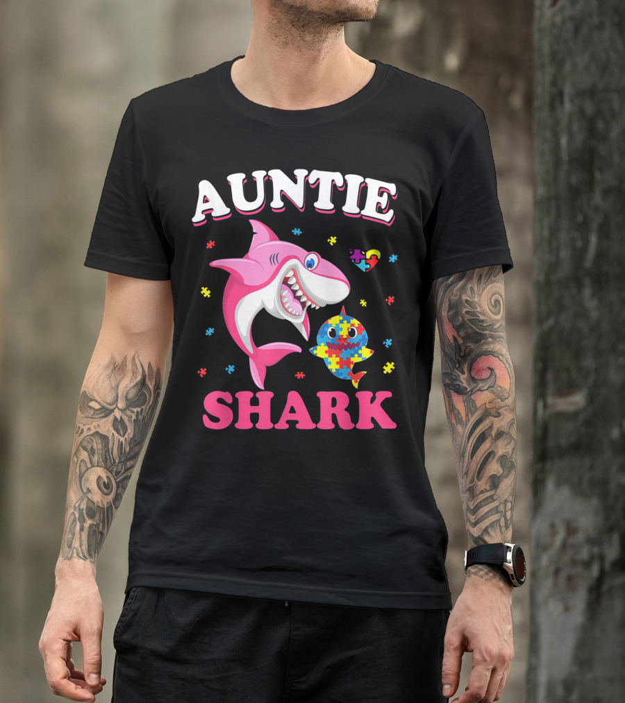 Auntie Shark Puzzle Heart Autism Awareness T-Shirt