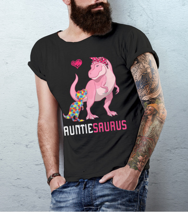 Auntiesaurus Autism Awareness Puzzle Pattern Heart T-Shirt
