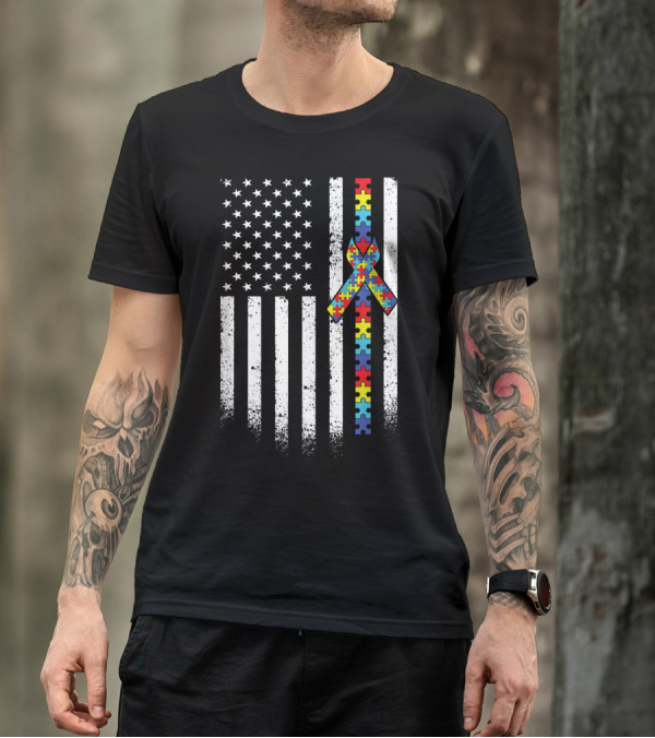 American Flag Autism Puzzle Ribbon Awareness T-Shirt