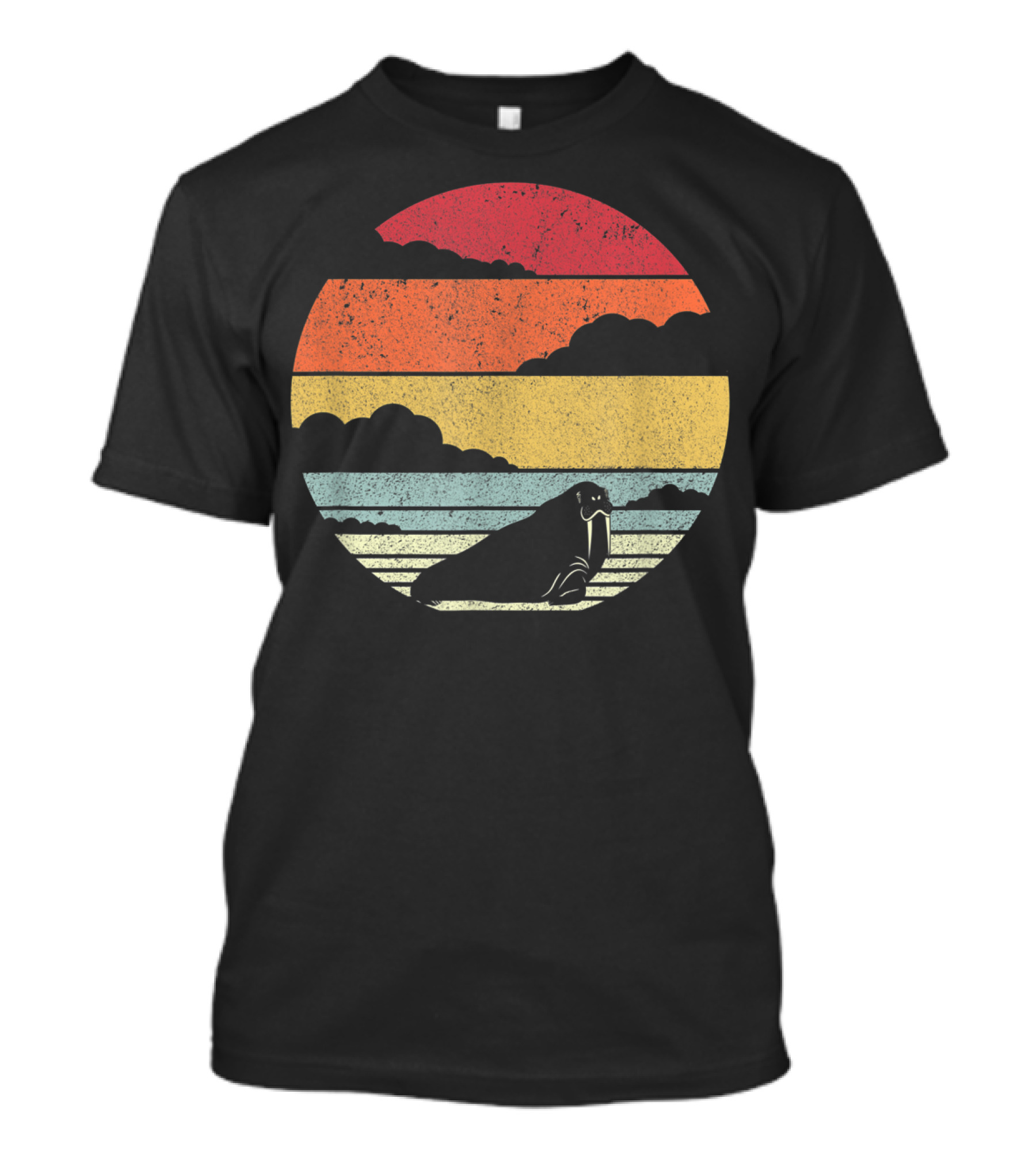 Retro Sunset Walrus Vintage Stripes T-Shirt