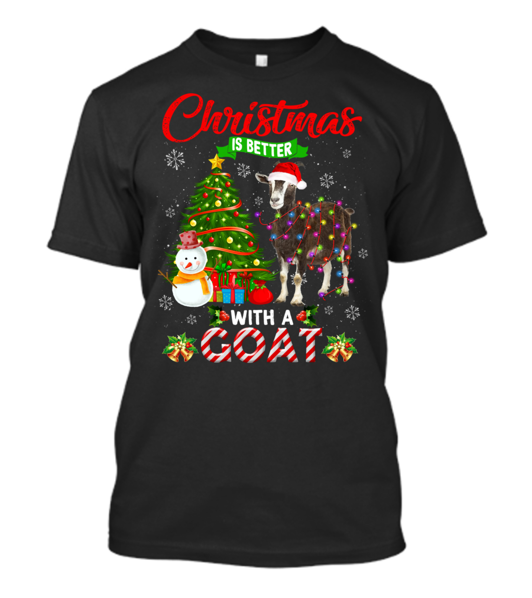 Christmas Is Better With A Goat Santa Hat Tree Snowman Lights T-Shirt