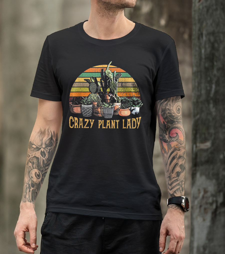 Crazy Plant Lady Vintage Cactus Succulent Gardening Retro Stripes T-Shirt