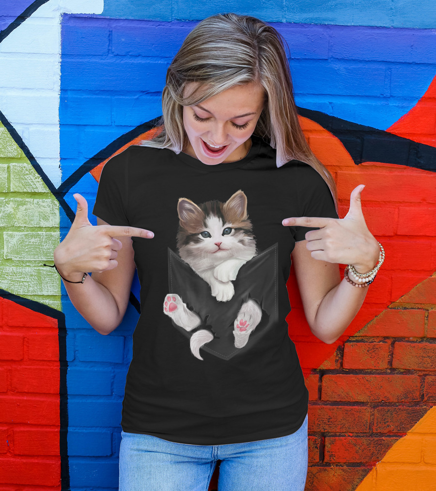 Cute Furry White Kitty In Pocket With Pink Paws Cats T-Shirt