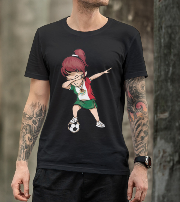 Dabbing Soccer Girl In Mexican Jersey With Mexico Flag T-Shirt