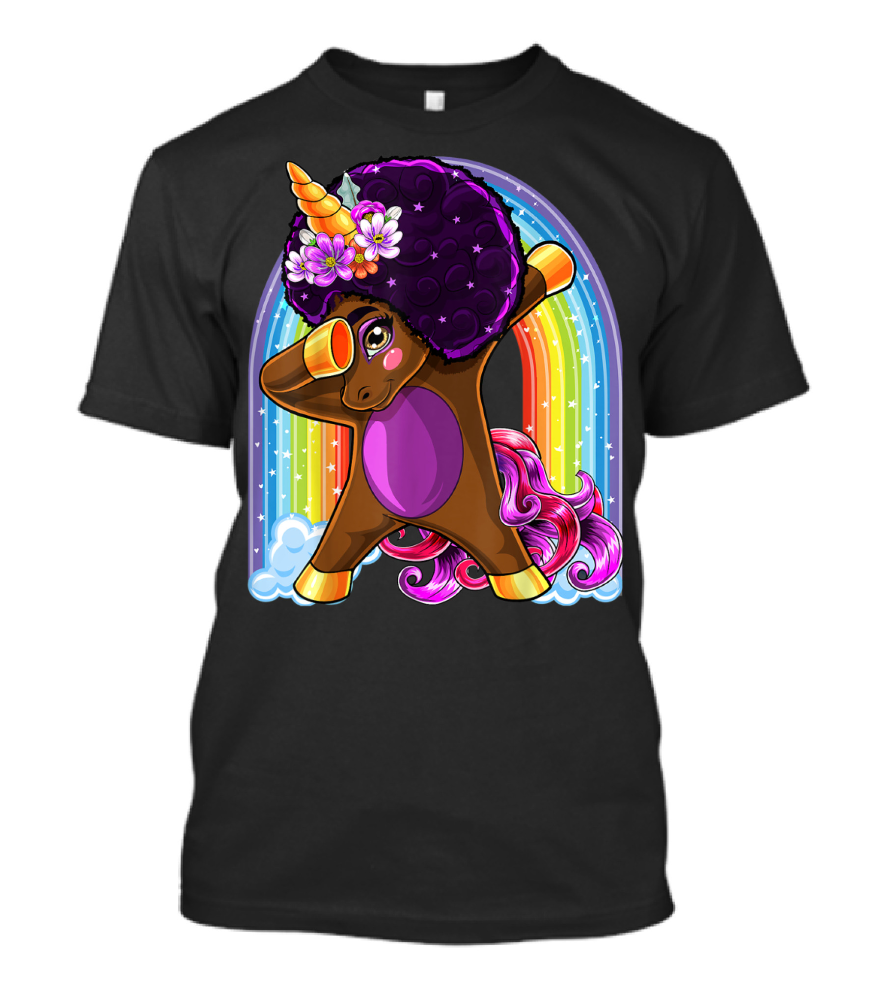 Dabbing Unicorn Afro Natural Hair African Rainbow Background T-Shirt