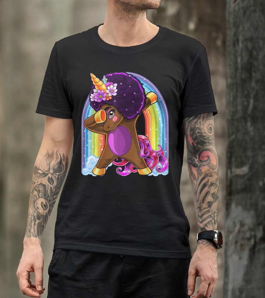 Dabbing Unicorn Afro Natural Hair African Rainbow Background T-Shirt