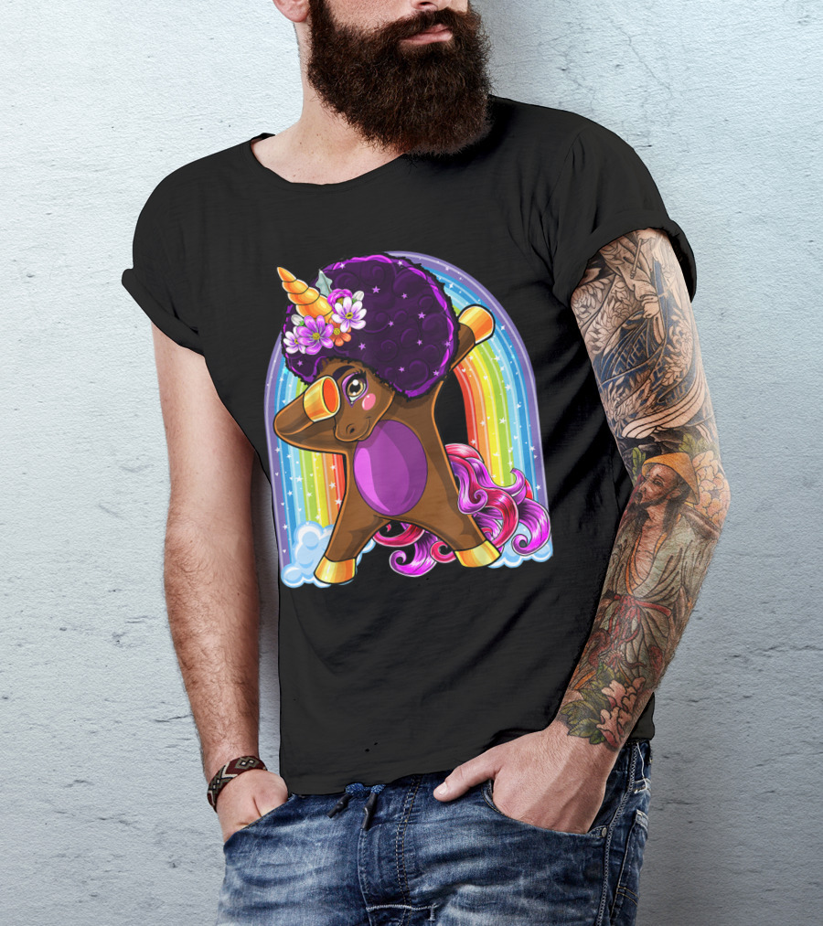 Dabbing Unicorn Afro Natural Hair African Rainbow Background T-Shirt