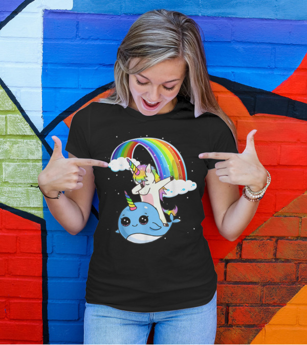 Dabbing Unicorn Riding Cute Narwhal With Colorful Rainbow And Clouds T-Shirt