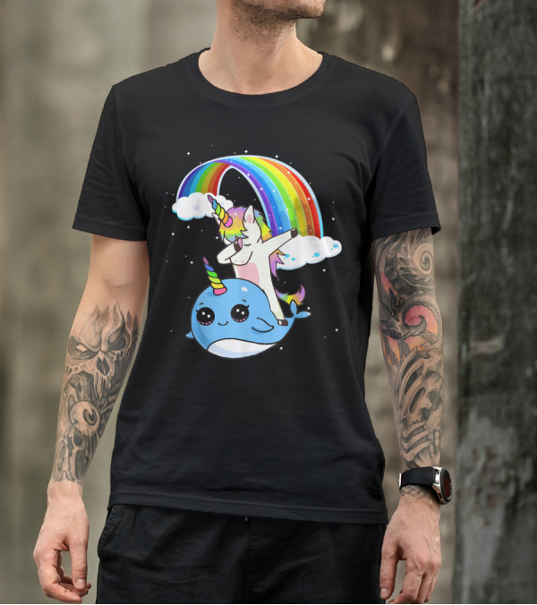 Dabbing Unicorn Riding Cute Narwhal With Colorful Rainbow And Clouds T-Shirt