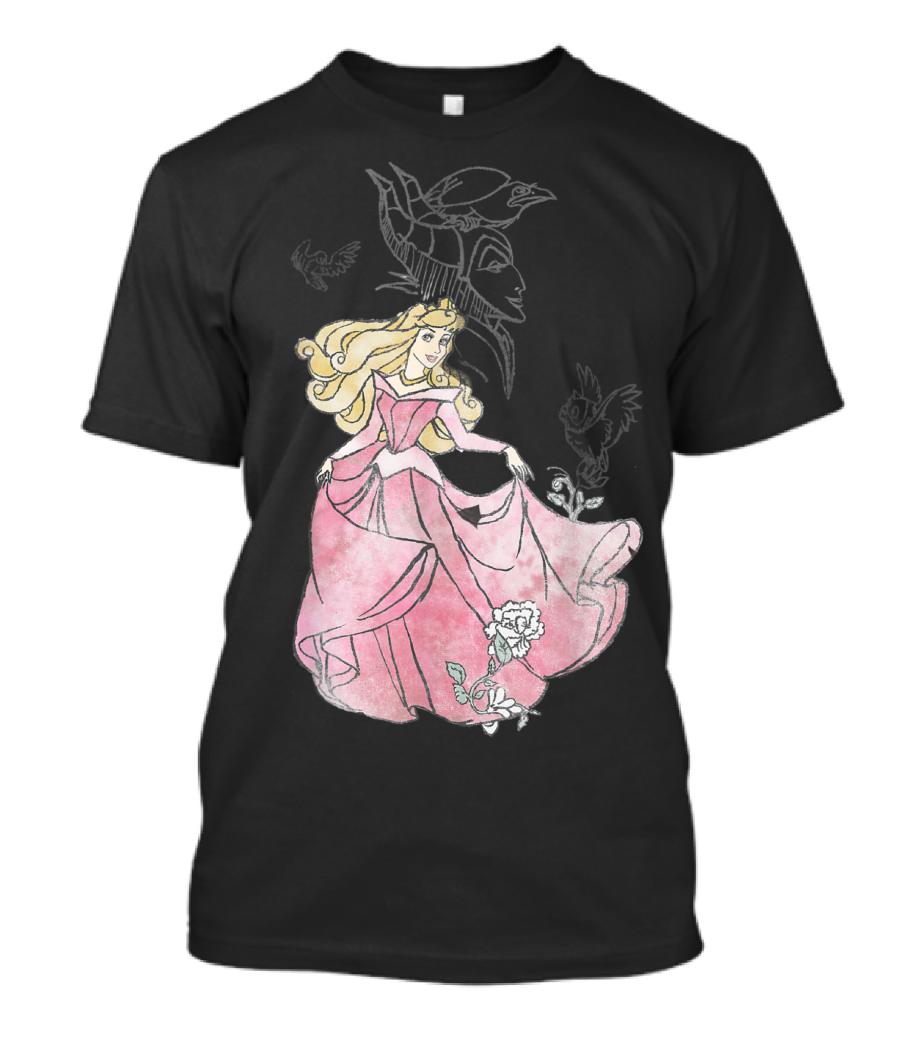 Disney Sleeping Beauty Aurora Maleficent Sketch Birds Rose T-Shirt