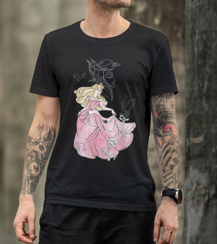 Disney Sleeping Beauty Aurora Maleficent Sketch Birds Rose T-Shirt