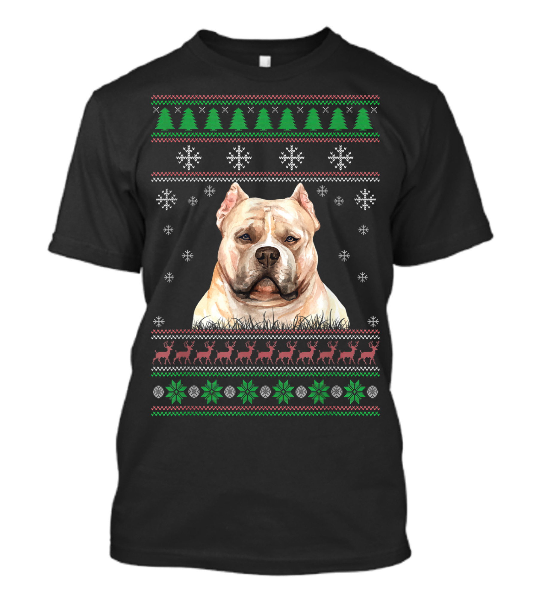 Dog Lover Ugly Christmas American Pitbull Snowflakes Trees Reindeer T-Shirt