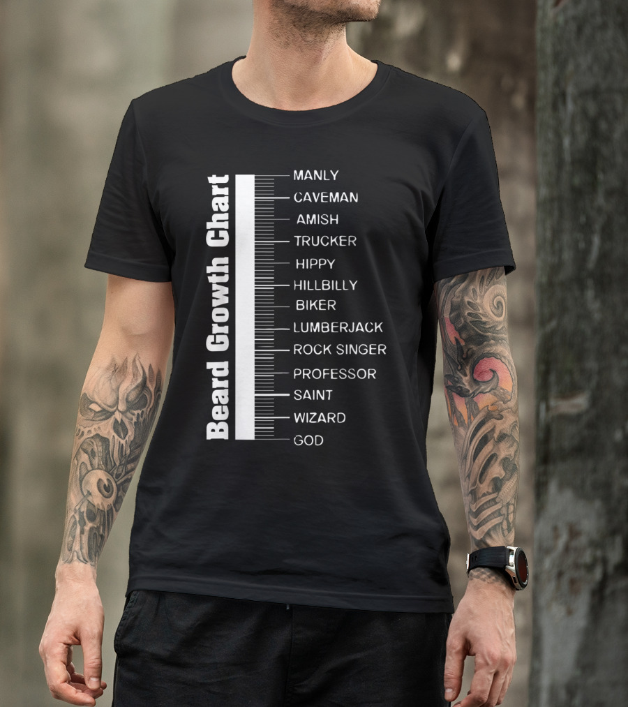 Beard Growth Chart Length Ruler Manly Caveman Amish Trucker Hippy Hillbilly Biker Lumberjack Rock Singer Professor Saint Wizard God T-Shirt