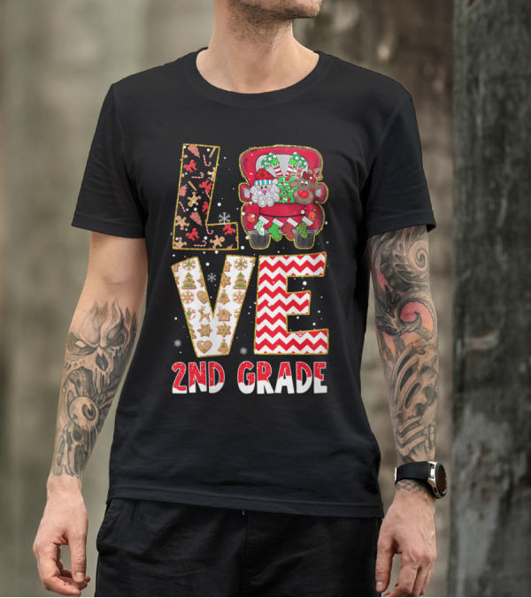 LOVE 2Nd Grade Christmas Gingerbread And Reindeer Truck Holiday T-Shirt